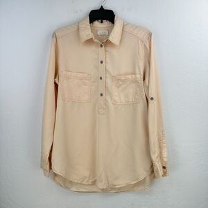 Lou & Grey Pop Over Top Womens Blouse S Pink Twill Roll Stop Sleeve High Low‎